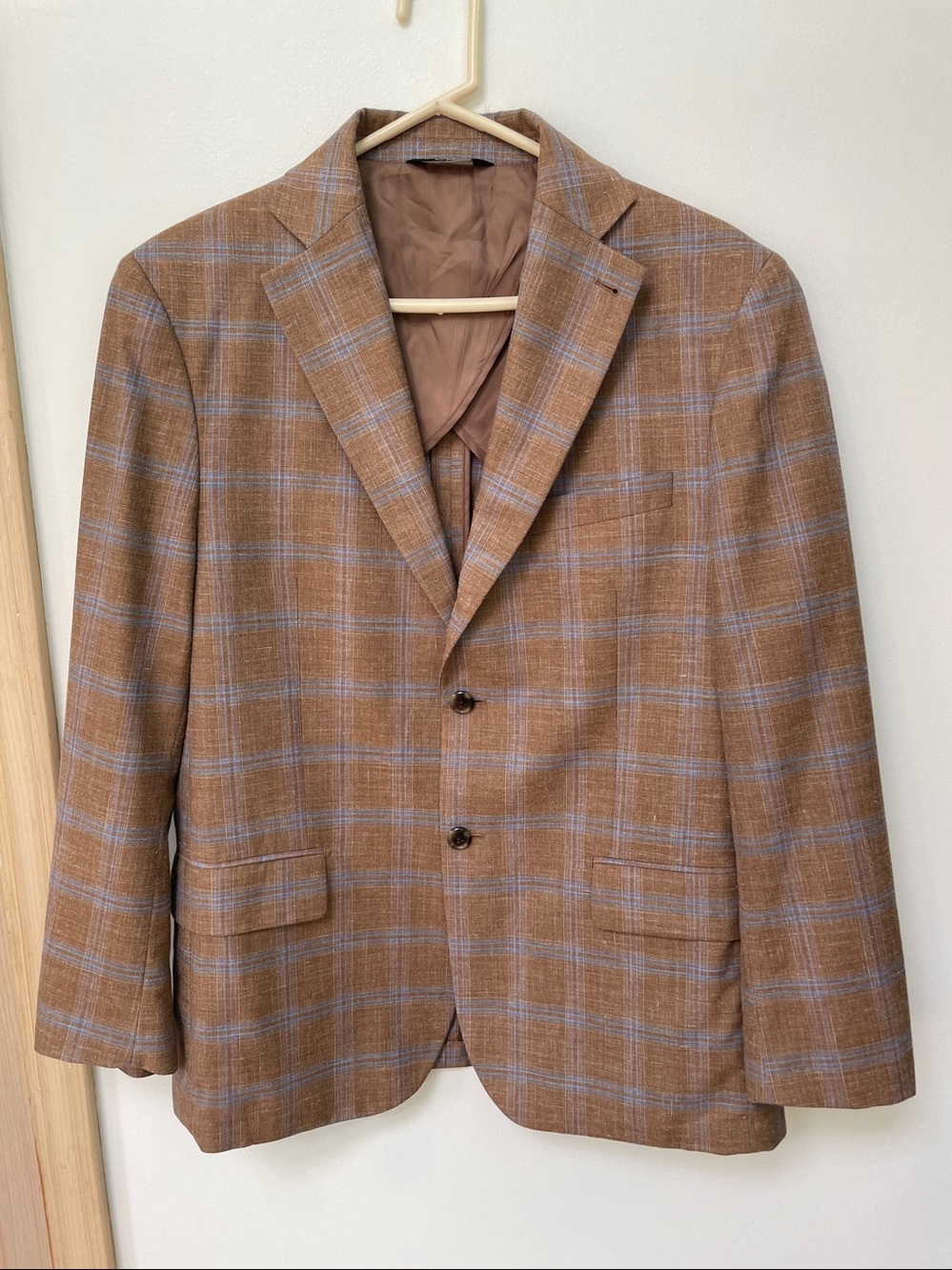 Paul Fredrick Men's sport coat Lightweight Classic Blazer tan blue plaid